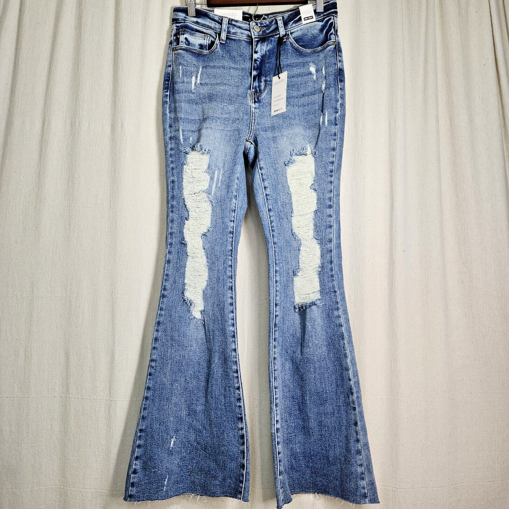 Judy Blue Jeans Womens Sz 7/28 High Waist Flare Fit Distressed Stretch Fray Cuff